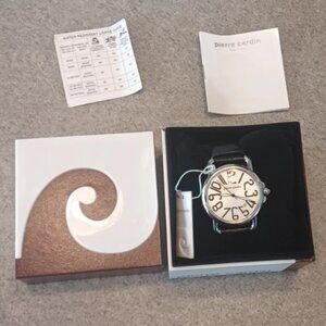 Pierre Cardin 42mm White Dial Date Arabic Numbers Leather strap Japan quartz